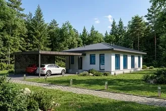 Проект дома из газобетона для вытянутых участков Эндемик Э123С
