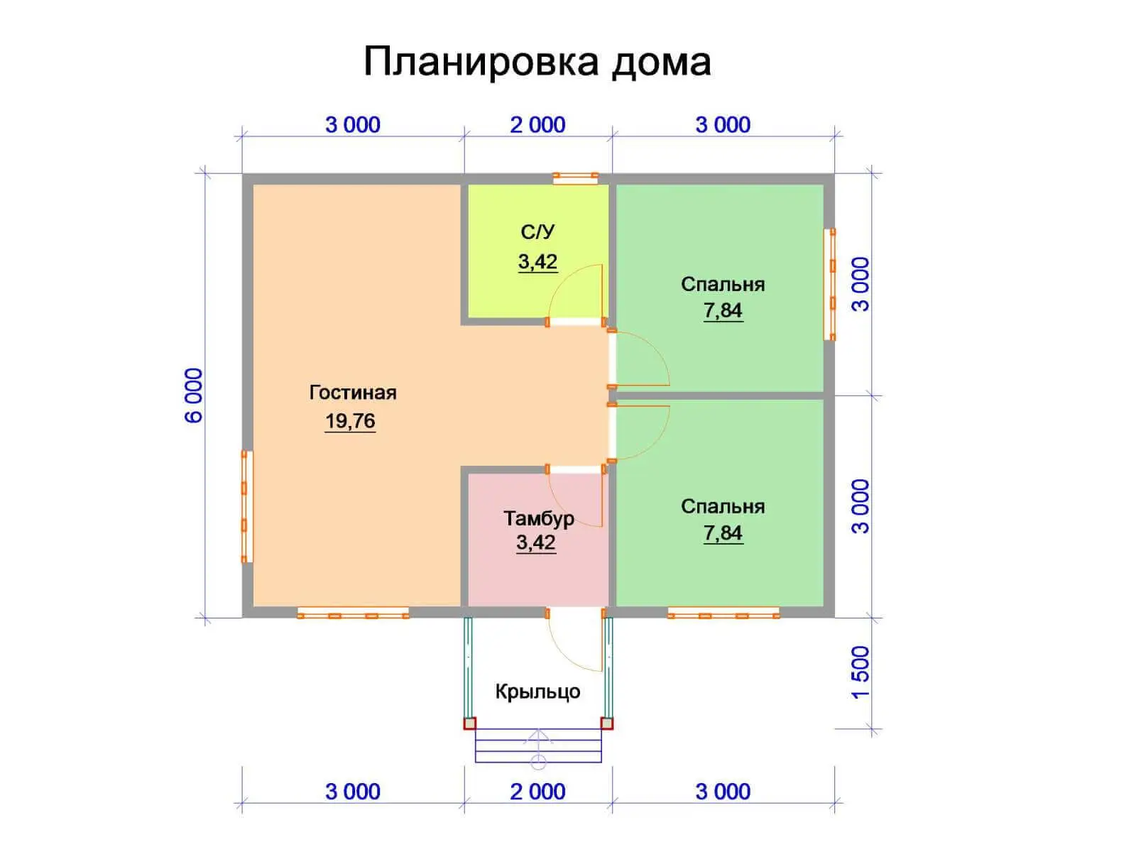 Планировка 1-этажного дома 6 на 8