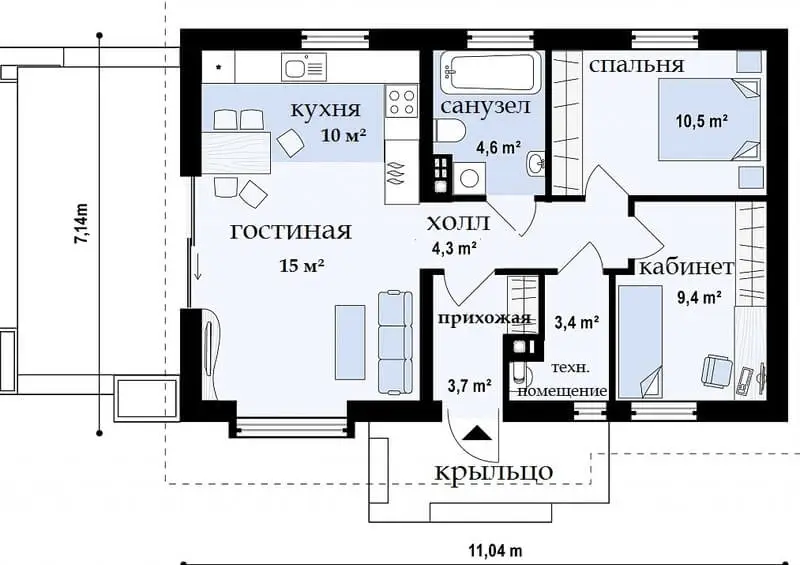 Проекты одноэтажных домов из газобетона до 100м2 с котельной: внутренняя планировка